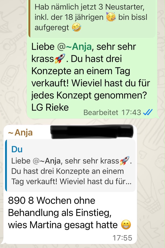 Nachricht einer Teilnehmerin: drei hochpreisige Konzepte an einem Tag verkauft.